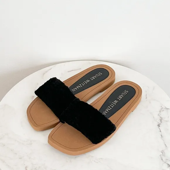 STUART WEITZMAN NEW Cammy Leather Slide Sandals Black Size 8 US 38.5 EU