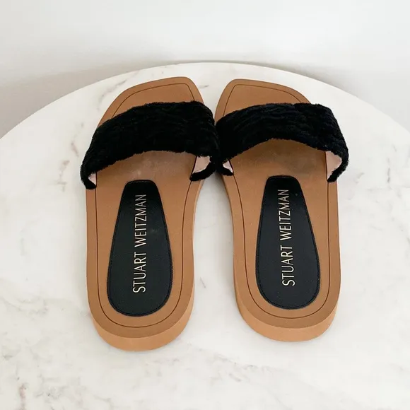 STUART WEITZMAN NEW Cammy Leather Slide Sandals Black Size 8 US 38.5 EU