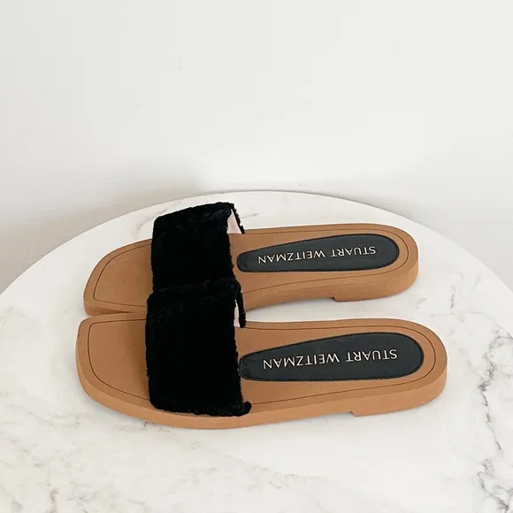 STUART WEITZMAN NEW Cammy Leather Slide Sandals Black Size 8 US 38.5 EU