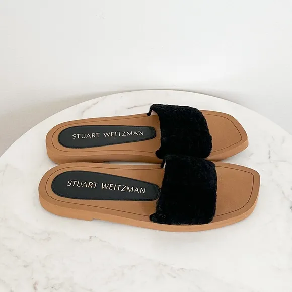 STUART WEITZMAN NEW Cammy Leather Slide Sandals Black Size 8 US 38.5 EU