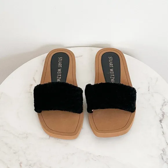 STUART WEITZMAN NEW Cammy Leather Slide Sandals Black Size 8 US 38.5 EU