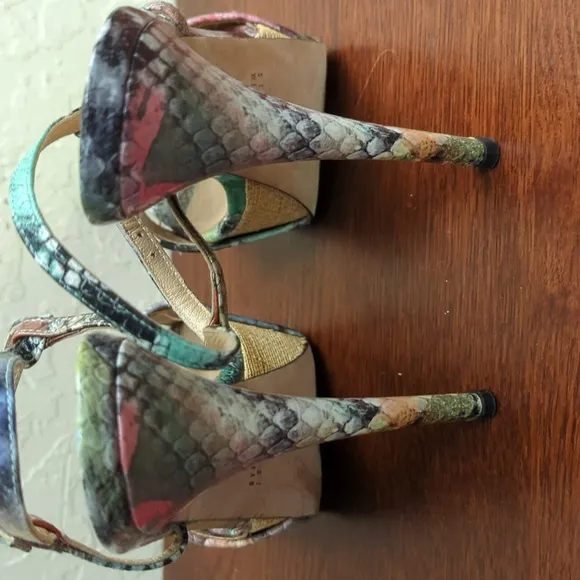 Stuart Weitzman “Onceover” Multi-Color Python Platform Heeled Sandals Size 7.5
