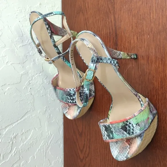 Stuart Weitzman “Onceover” Multi-Color Python Platform Heeled Sandals Size 7.5