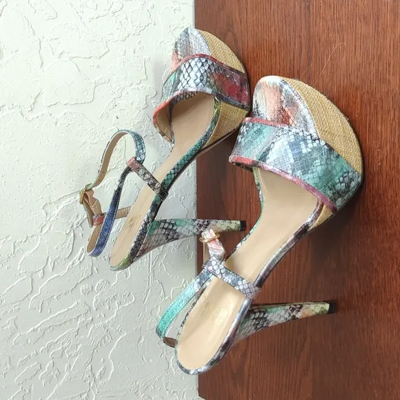 Stuart Weitzman “Onceover” Multi-Color Python Platform Heeled Sandals Size 7.5