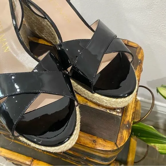 Stuart Weitzman Rosemaire Black Patent Leather Platform Espadrille Wedge Sandal