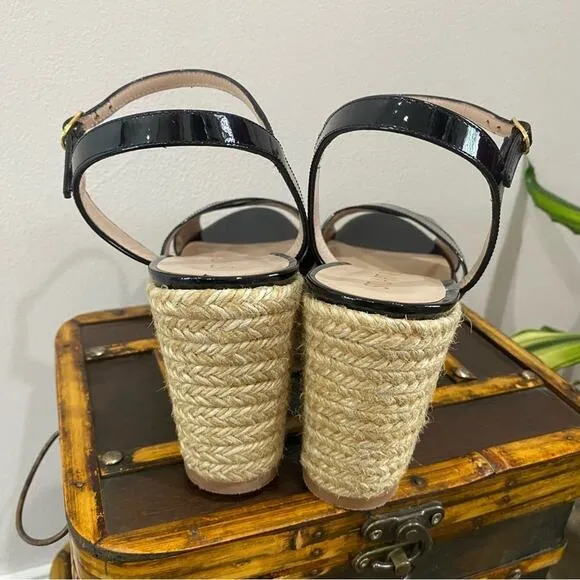 Stuart Weitzman Rosemaire Black Patent Leather Platform Espadrille Wedge Sandal