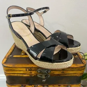 Stuart Weitzman Rosemaire Black Patent Leather Platform Espadrille Wedge Sandal