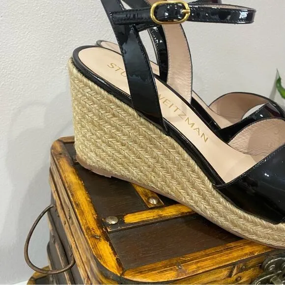 Stuart Weitzman Rosemaire Black Patent Leather Platform Espadrille Wedge Sandal