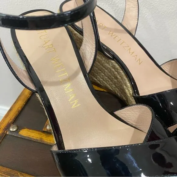 Stuart Weitzman Rosemaire Black Patent Leather Platform Espadrille Wedge Sandal