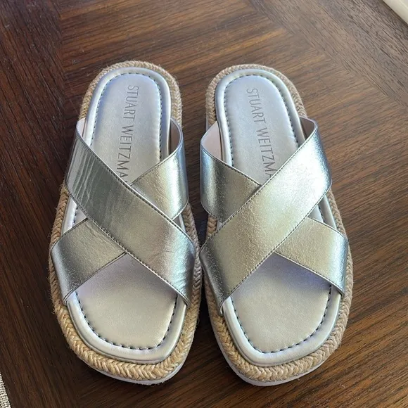 Stuart Weitzman Roza Lift Leather Silver Slide Sandals Size 6B