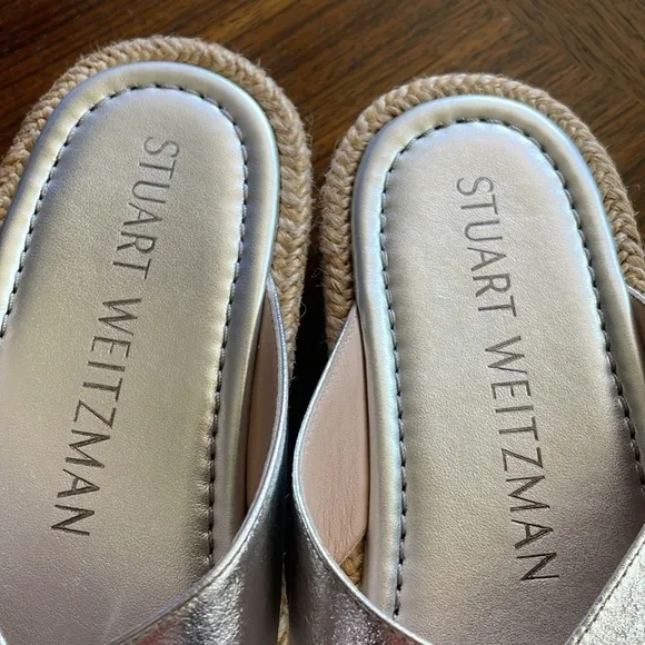 Stuart Weitzman Roza Lift Leather Silver Slide Sandals Size 6B