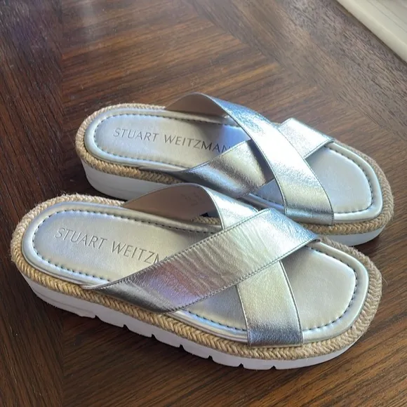 Stuart Weitzman Roza Lift Leather Silver Slide Sandals Size 6B