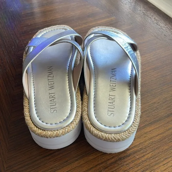 Stuart Weitzman Roza Lift Leather Silver Slide Sandals Size 6B