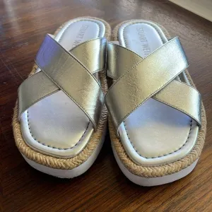 Stuart Weitzman Roza Lift Leather Silver Slide Sandals Size 6B