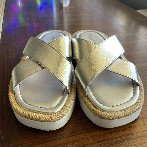 Stuart Weitzman Roza Lift Leather Silver Slide Sandals Size 6B