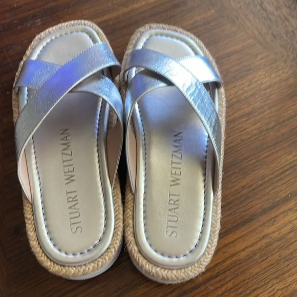 Stuart Weitzman Roza Lift Leather Silver Slide Sandals Size 6B