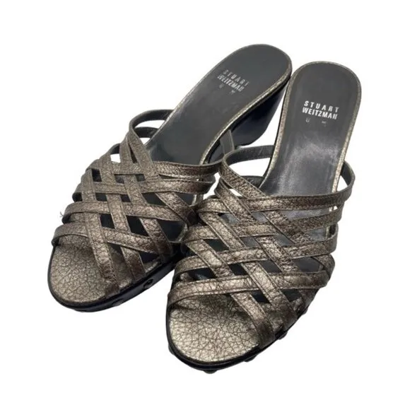 Stuart Weitzman Sandals Women's 8 US Metallic Gold Brown Leather Studded Vintage