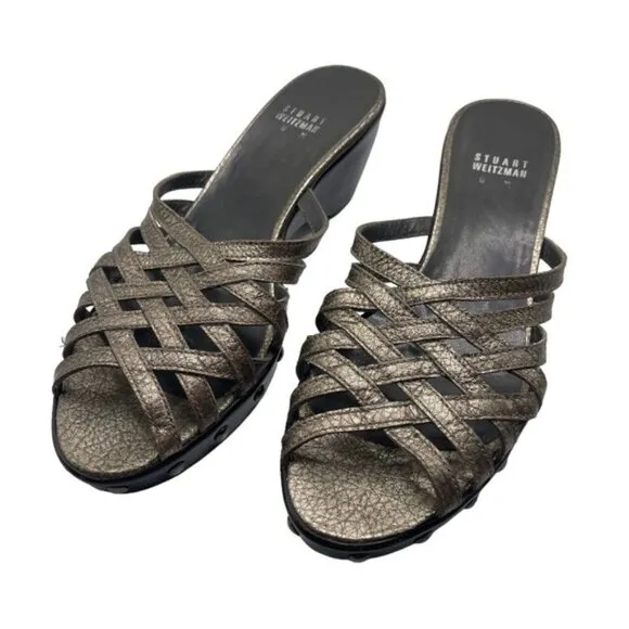 Stuart Weitzman Sandals Women's 8 US Metallic Gold Brown Leather Studded Vintage