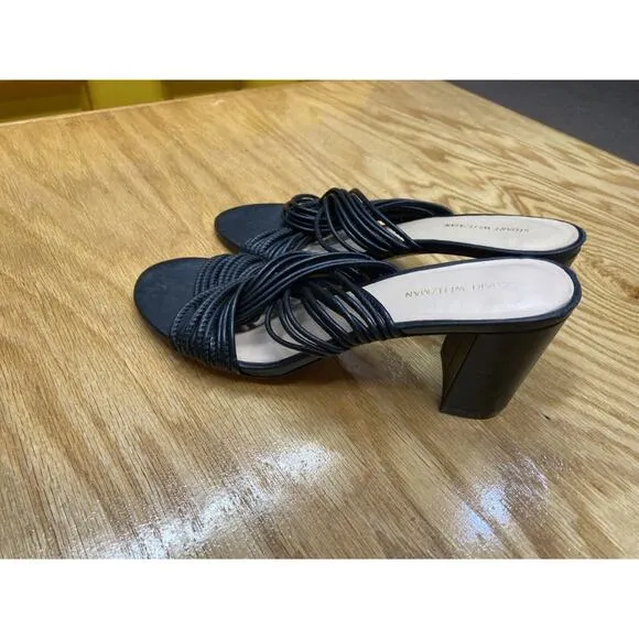 Stuart Weitzman Sandals Women's 8B Black Leather Slip-On Block Heel Open Toe S56