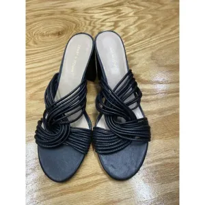 Stuart Weitzman Sandals Women's 8B Black Leather Slip-On Block Heel Open Toe S56