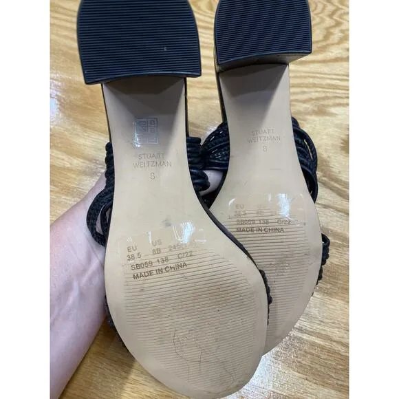 Stuart Weitzman Sandals Women's 8B Black Leather Slip-On Block Heel Open Toe S56
