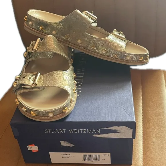 Stuart Weitzman Sandbar Embellished Leather Sandals Size 7.5