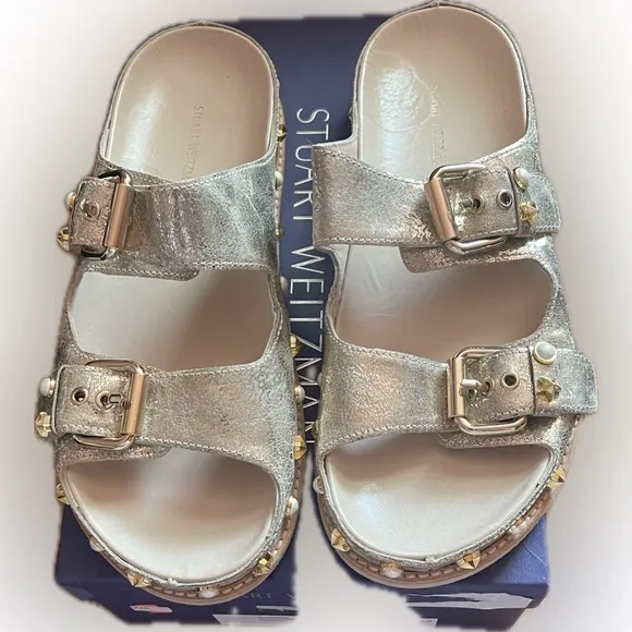 Stuart Weitzman Sandbar Embellished Leather Sandals Size 7.5
