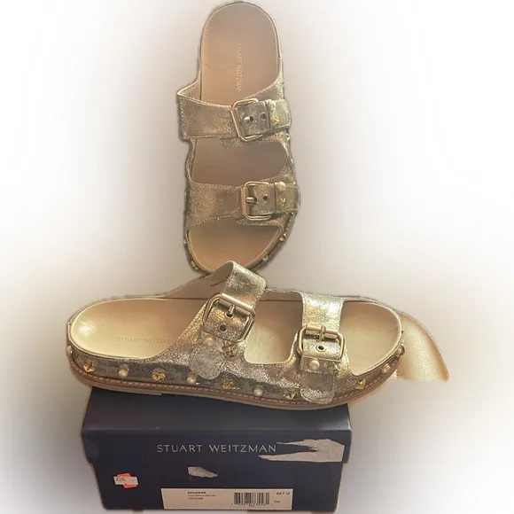 Stuart Weitzman Sandbar Embellished Leather Sandals Size 7.5