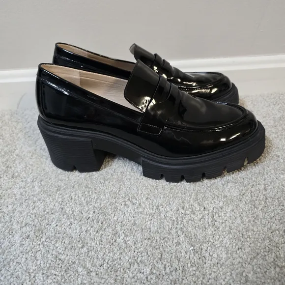 STUART WEITZMAN Soho Black Patent Leather Lug-Sole Penny Loafers Sz 9.5 Narrow