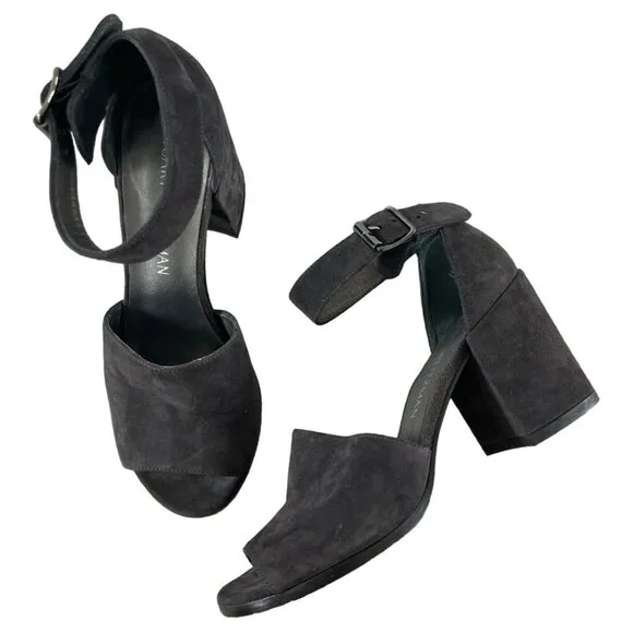 Stuart Weitzman Soho Gal Gray Suede Leather Ankle Strap Block Heel Sandals 5.5 M