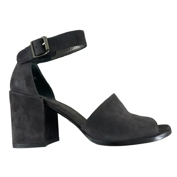 Stuart Weitzman Soho Gal Gray Suede Leather Ankle Strap Block Heel Sandals 5.5 M