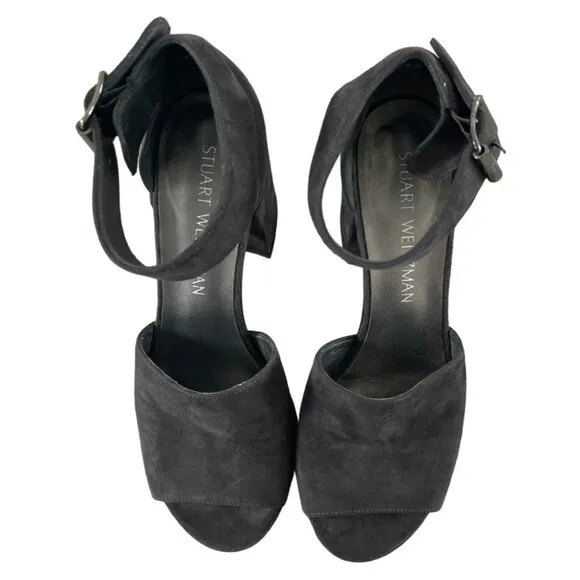 Stuart Weitzman Soho Gal Gray Suede Leather Ankle Strap Block Heel Sandals 5.5 M