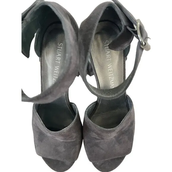Stuart Weitzman Soho Gal Gray Suede Leather Ankle Strap Block Heel Sandals 5.5 M