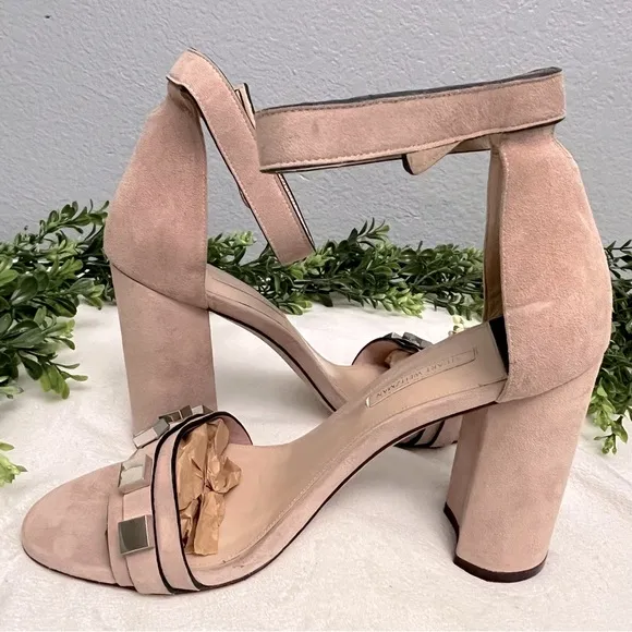 Stuart Weitzman  Suede Studded Accent  Desert Rose Nude Block Heel Sandals 9.5