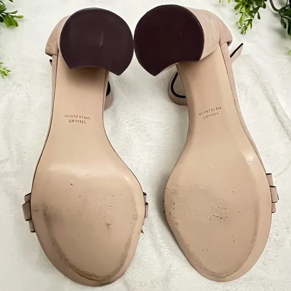 Stuart Weitzman  Suede Studded Accent  Desert Rose Nude Block Heel Sandals 9.5