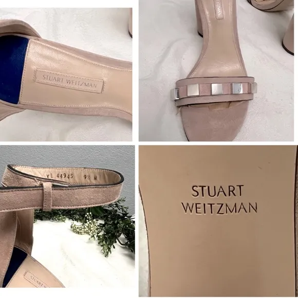 Stuart Weitzman  Suede Studded Accent  Desert Rose Nude Block Heel Sandals 9.5