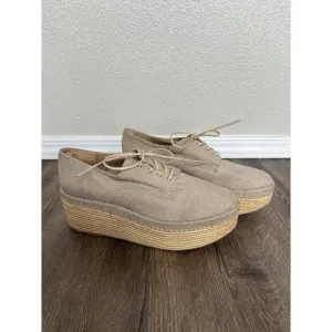 STUART WEITZMAN Sz 9 Lace Up Linen Oxford Platform Espadrilles preppy beachy tan