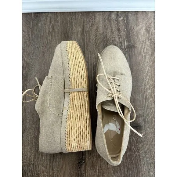 STUART WEITZMAN Sz 9 Lace Up Linen Oxford Platform Espadrilles preppy beachy tan