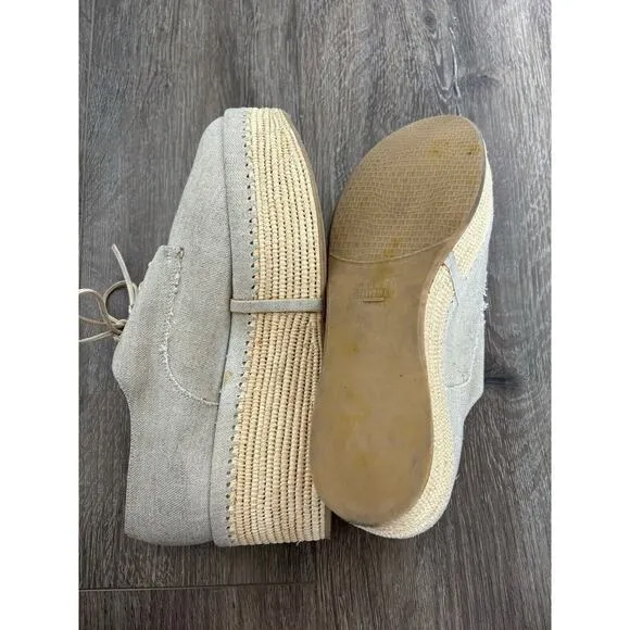 STUART WEITZMAN Sz 9 Lace Up Linen Oxford Platform Espadrilles preppy beachy tan