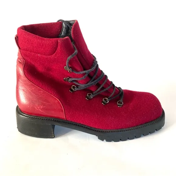Stuart Weitzman Womens Combat Boots 7 C Chunky Block Heel Red Burgundy Wool