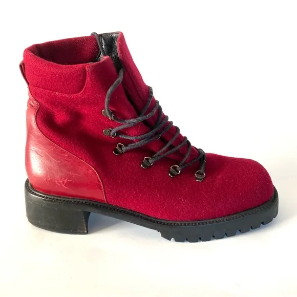 Stuart Weitzman Womens Combat Boots 7 C Chunky Block Heel Red Burgundy Wool