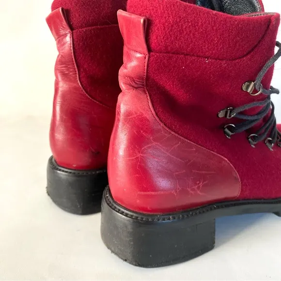Stuart Weitzman Womens Combat Boots 7 C Chunky Block Heel Red Burgundy Wool