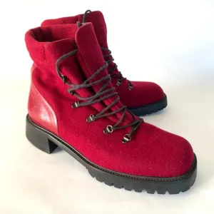 Stuart Weitzman Womens Combat Boots 7 C Chunky Block Heel Red Burgundy Wool