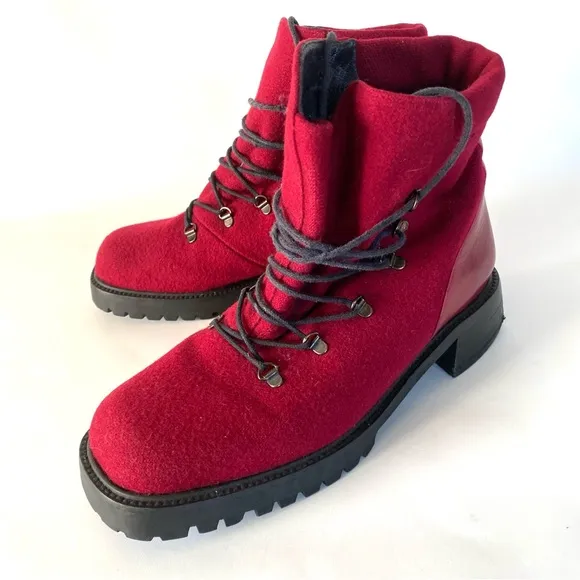 Stuart Weitzman Womens Combat Boots 7 C Chunky Block Heel Red Burgundy Wool