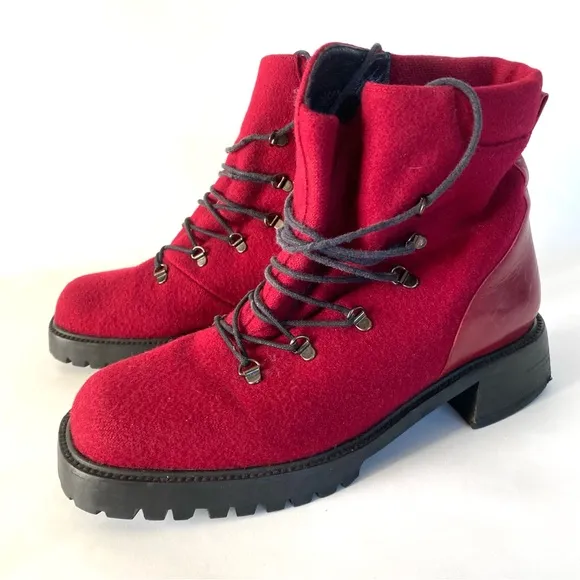 Stuart Weitzman Womens Combat Boots 7 C Chunky Block Heel Red Burgundy Wool