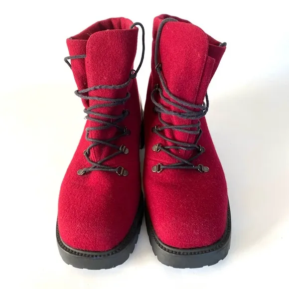 Stuart Weitzman Womens Combat Boots 7 C Chunky Block Heel Red Burgundy Wool