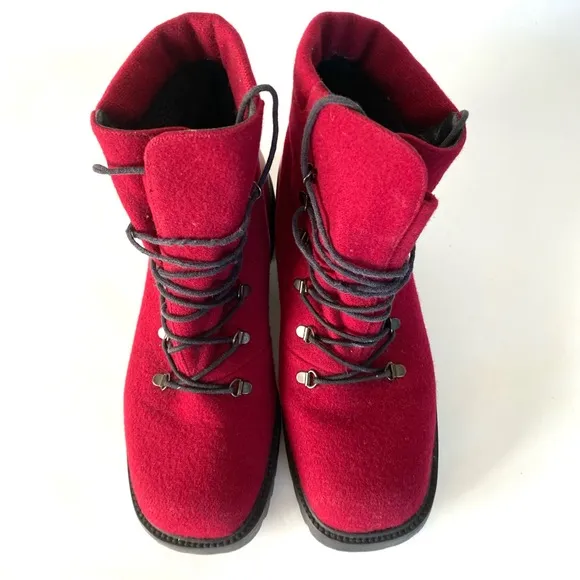 Stuart Weitzman Womens Combat Boots 7 C Chunky Block Heel Red Burgundy Wool