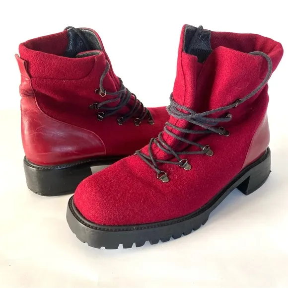 Stuart Weitzman Womens Combat Boots 7 C Chunky Block Heel Red Burgundy Wool