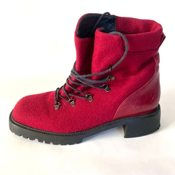 Stuart Weitzman Womens Combat Boots 7 C Chunky Block Heel Red Burgundy Wool