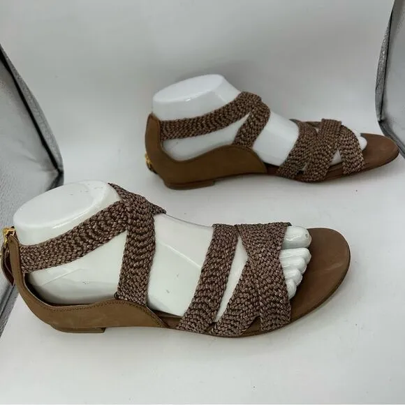 Stuart Weitzman Womans Bounceraf Braided Sandals 7 shoes brown strappy flats